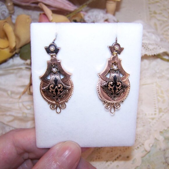 Antique 14K Gold Taille D'Epergne Enamel Pearl Dangle Earrings - Hook Findings - Picture 7 of 10